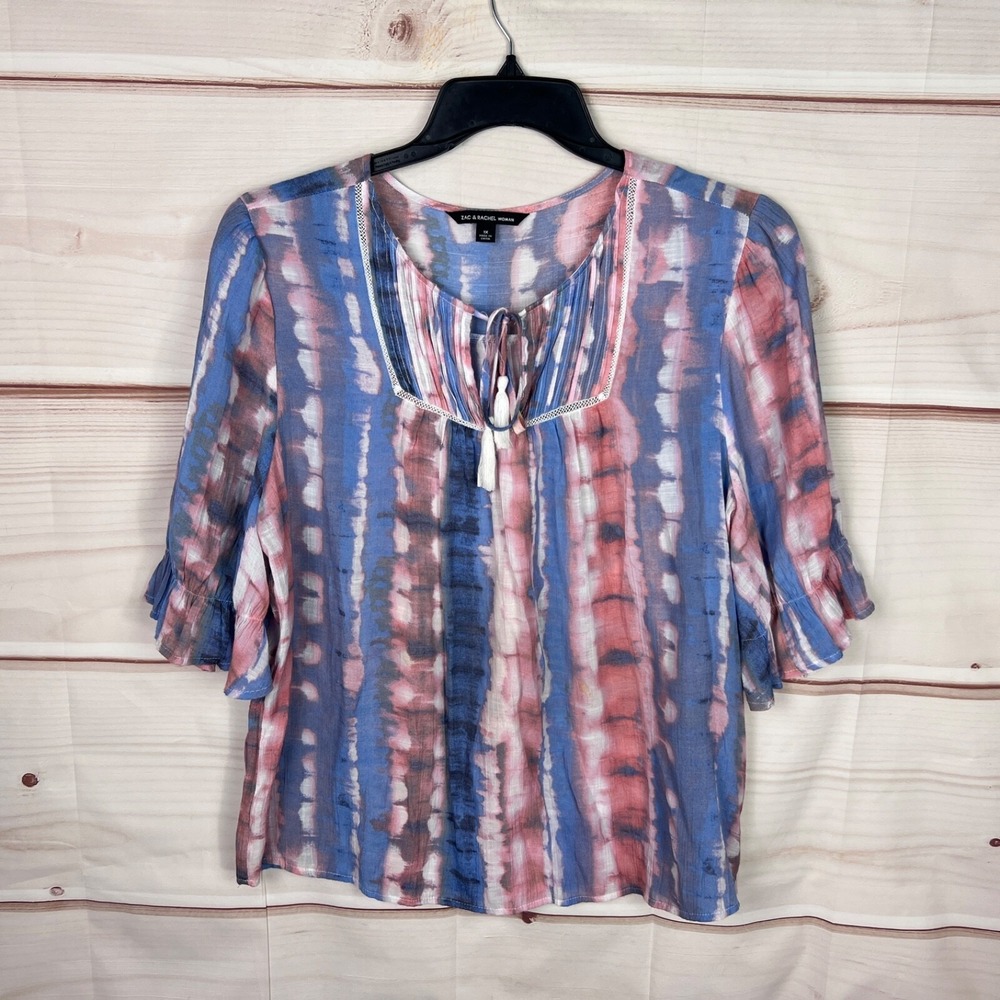 Zac & Rachel Top Women 1X Blue Pink Artsy Print Blouse 3/4 Sleeve Tie Neck Woven